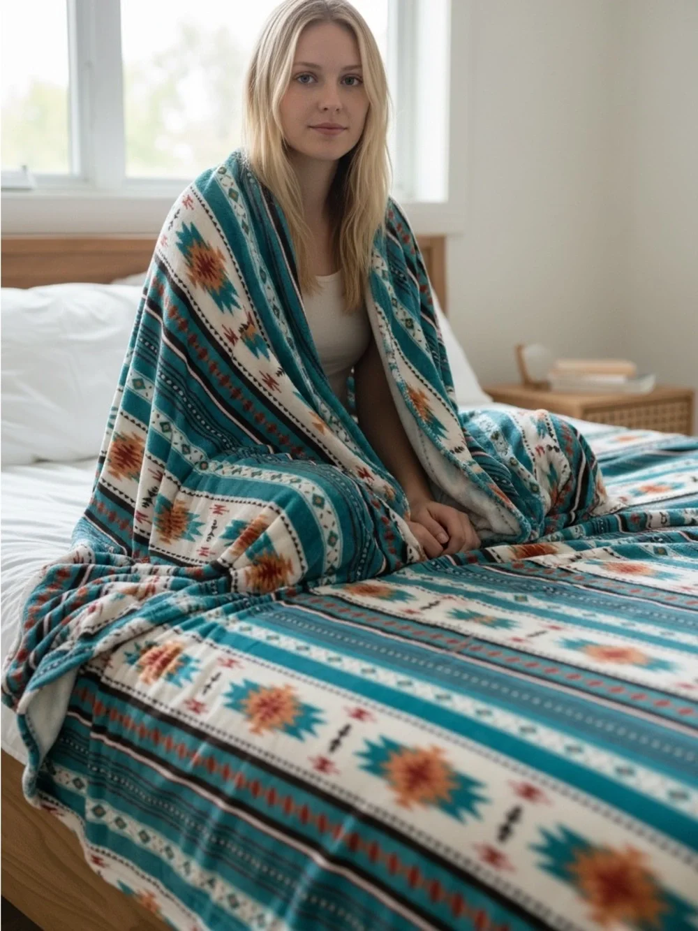 TEAL Queen Southwest tribal Aztec Geometric Plush fleece Blanket